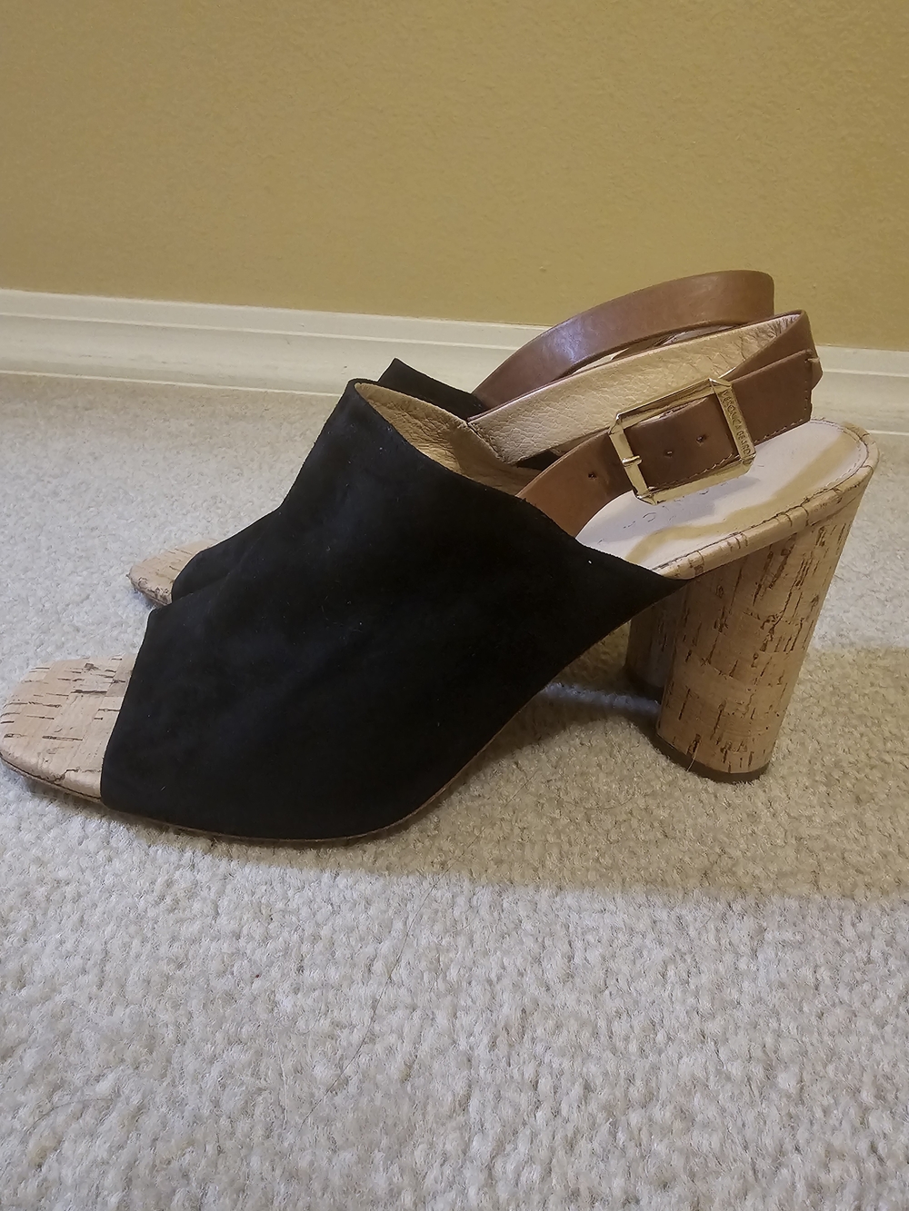 Veronica Beard Bohdi Black Suede Open-Toe Cork Block Heel Sandals Size 6.5